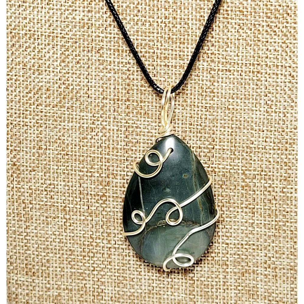 Artisan Wire Wrapped Agate Genuine Gemstone Cabochon Pendant Necklace Green New! - Picture 1 of 6